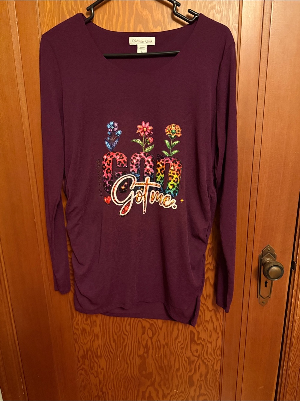 Coldwater Creek Plum Long-Sleeve Graphic Tee with Rainbow Floral Print
